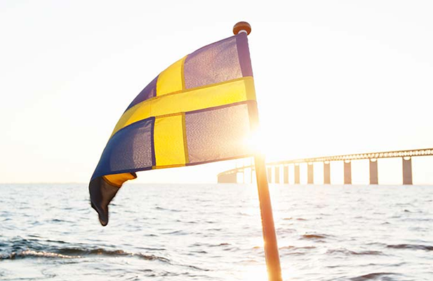 Swedish flag with the sea in the background
